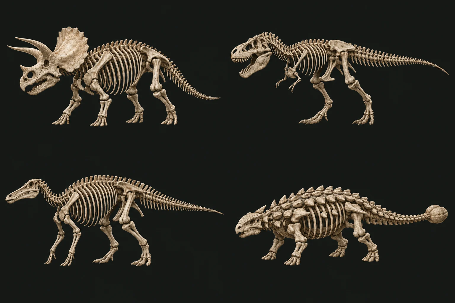 Reconstitutions illustrées de quatre squelettes de dinosaures, dont un Tricératops et un Tyrannosaure.
